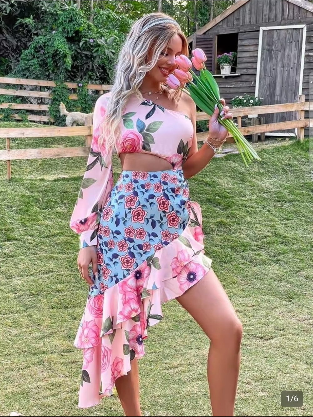 Floral Asymmetric Ruffle Skirt One Shoulder - Pink Blue